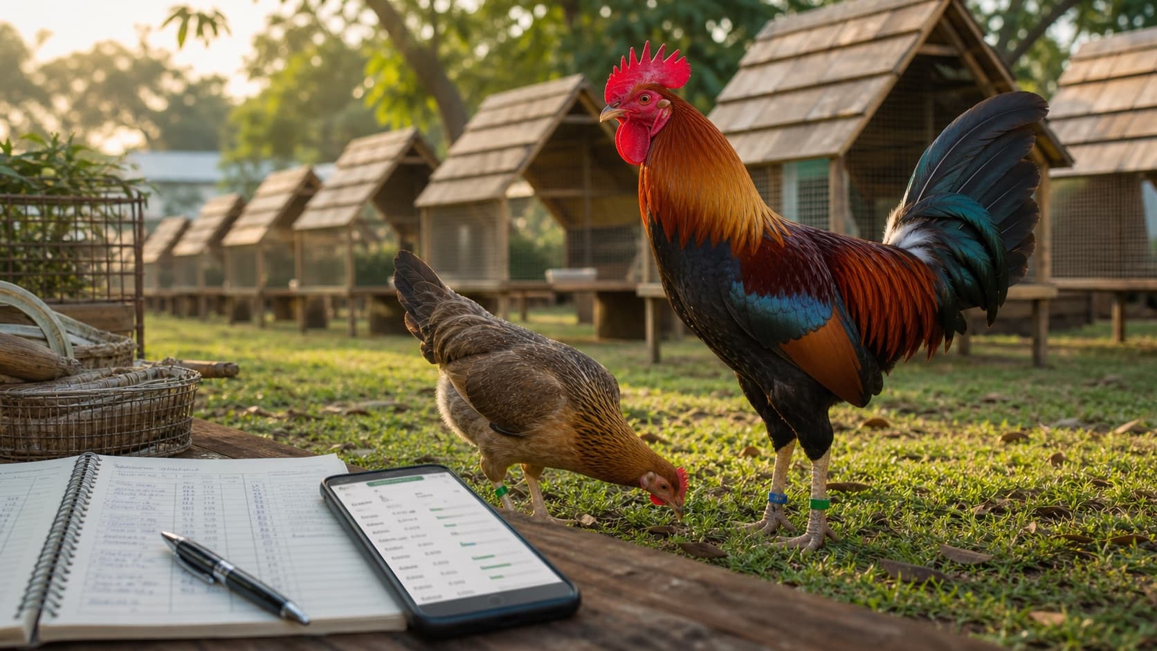 Gamefowl farm records kept beside healthy birds