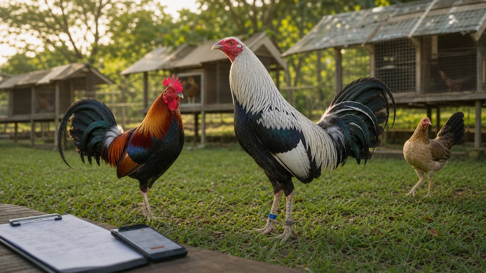 Grey and Kelso gamefowl bloodline pair in a clean gamefarm setting