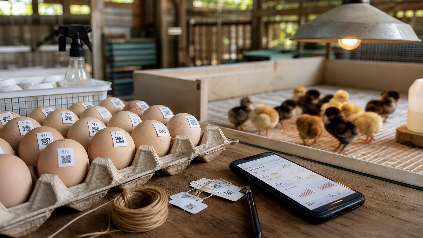 Labeled hatch records and chicks in a clean brooder area