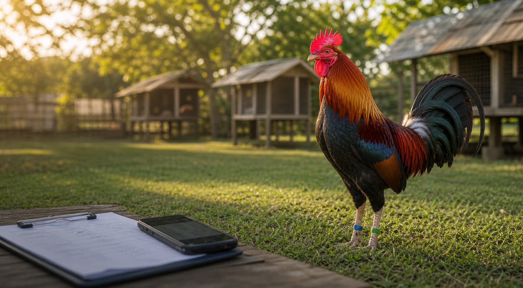 Healthy gamefowl rooster in a clean professional gamefarm setting