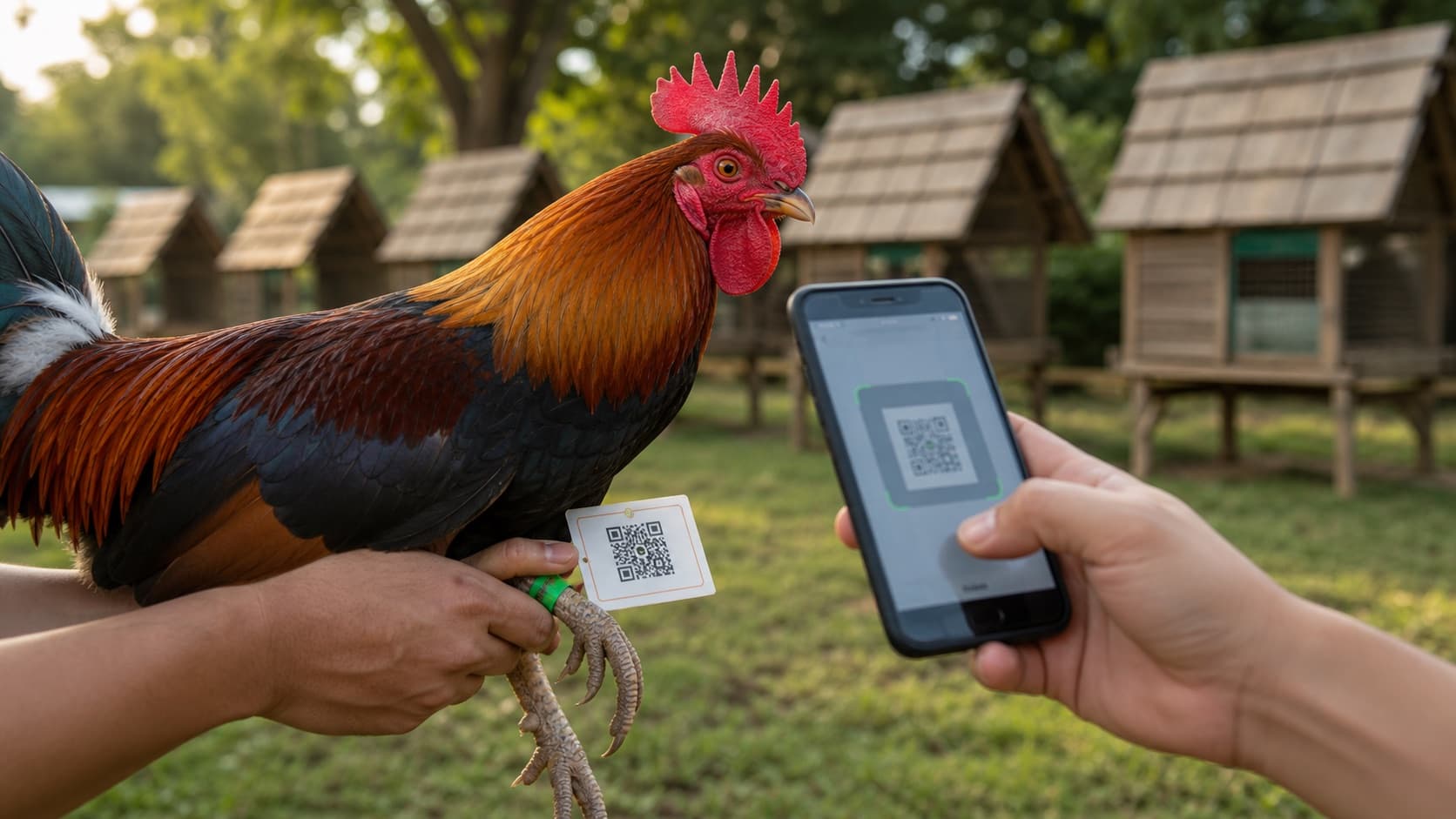 A gamefowl QR tag being scanned for public bird verification